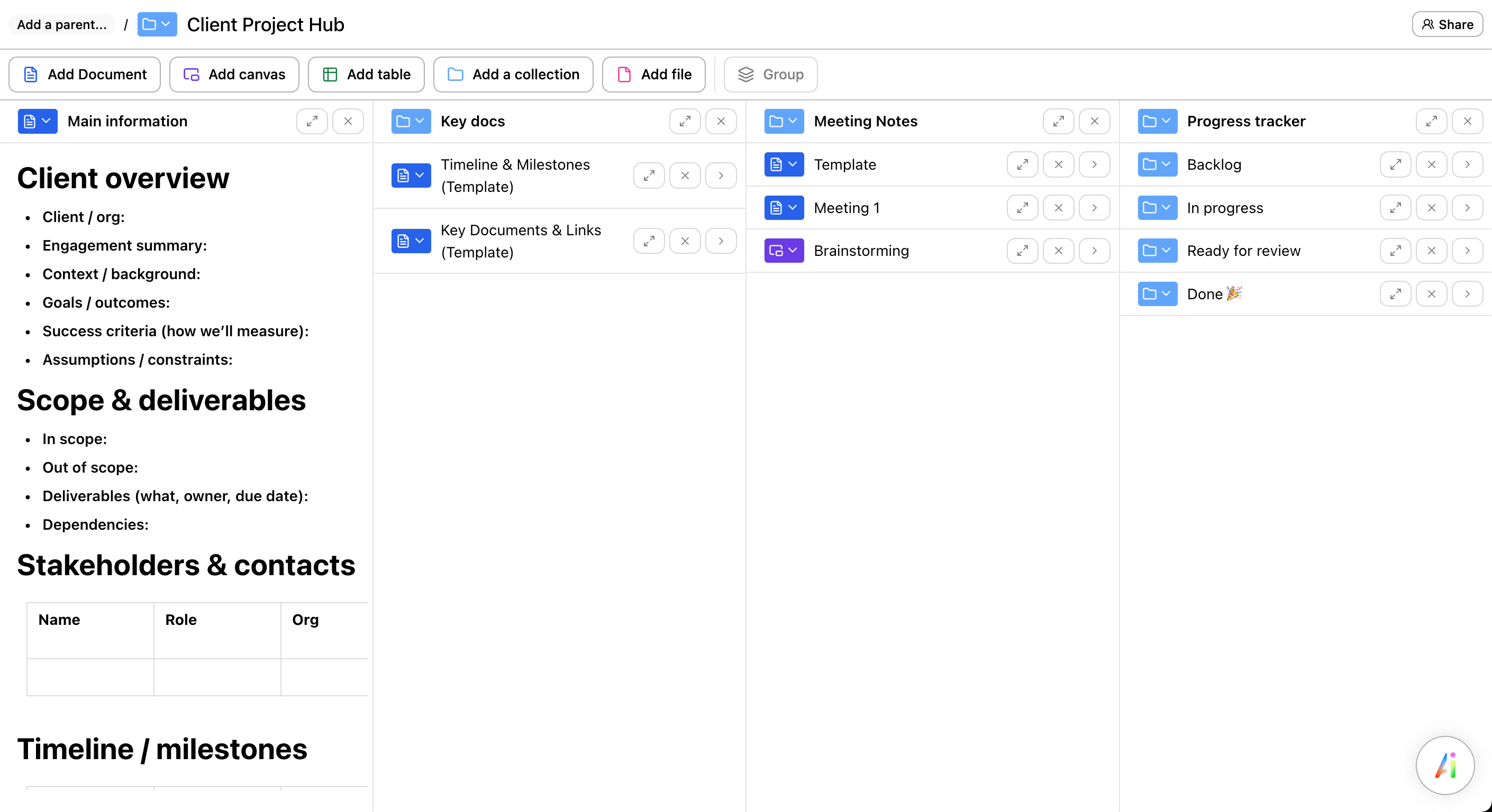 Preview of a client project hub template with overview, key docs, meeting notes, and a progress tracker.