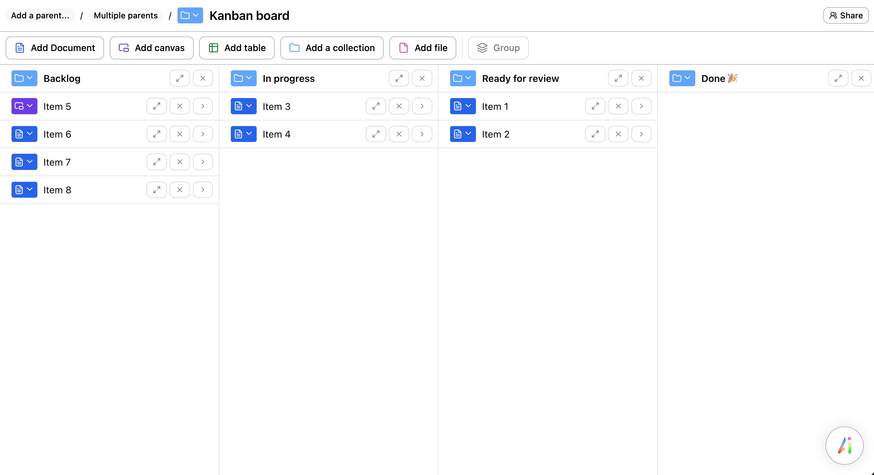 Preview of a Kanban board template with columns Backlog, In progress, Review, and Done.