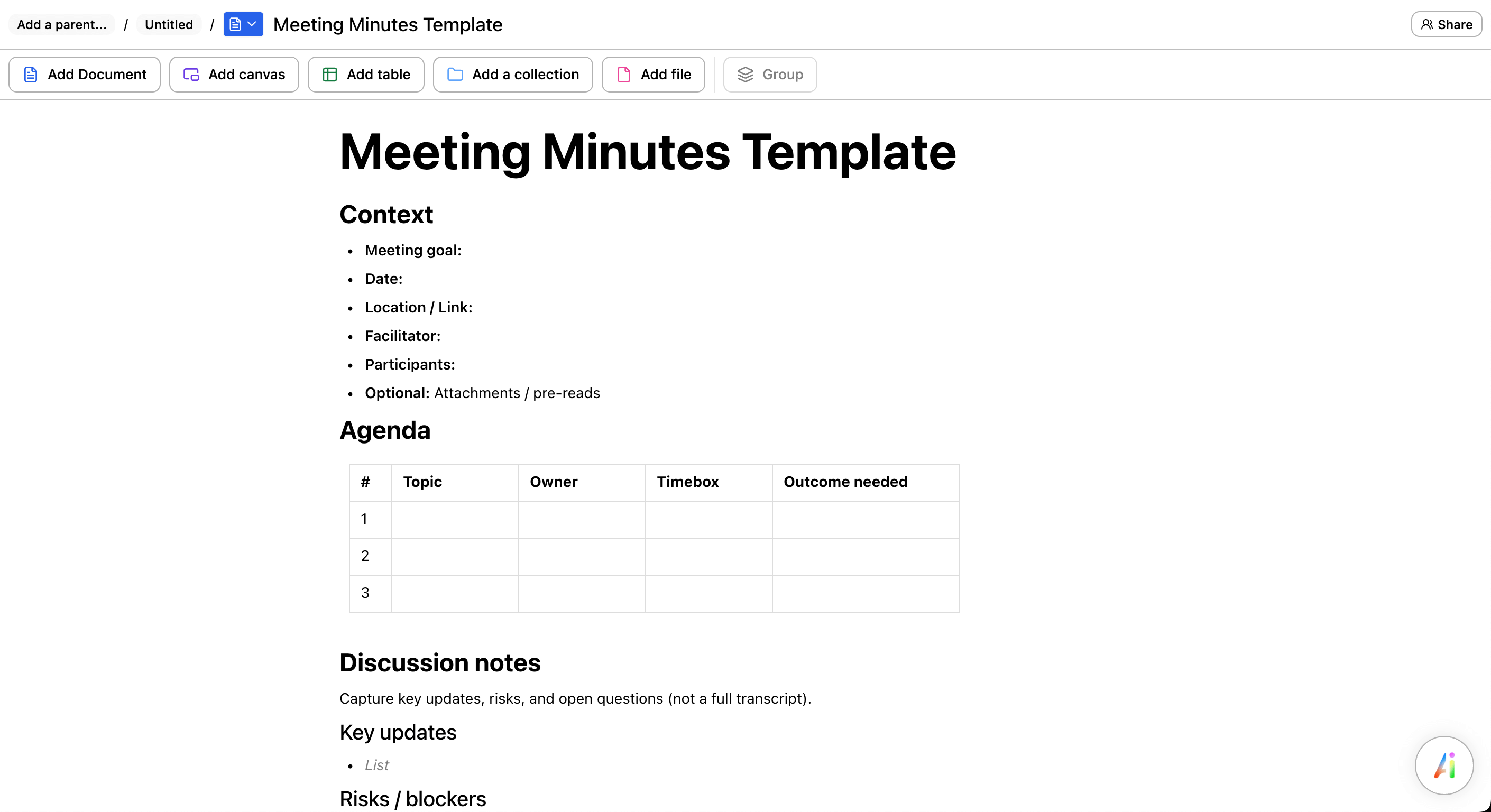 Preview of a meeting minutes template with attendees, agenda, discussion notes, decisions, and action items.